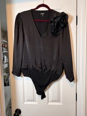 Express Black Satin V-Neck Long Sleeve Bodysuit with Shoulder Rosette